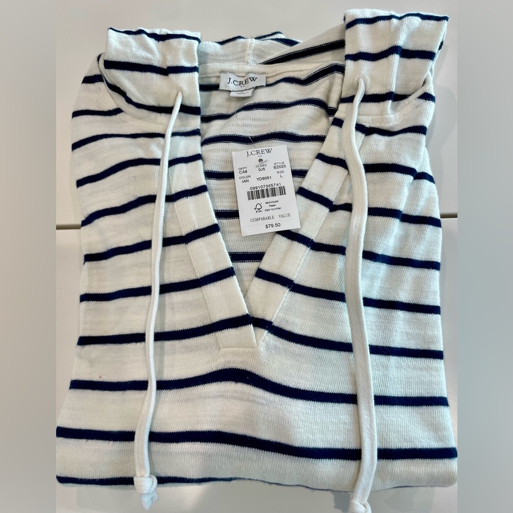 NWT J. Crew Cotton Hooded Striped Top - White & Navy